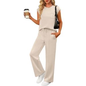 imageANRABESS Two Piece Sets for Women 2026 Summer Travel Vacation Outfits Sleeveless Lounge Set Matching Wide Leg Pants SweatsuitApricot