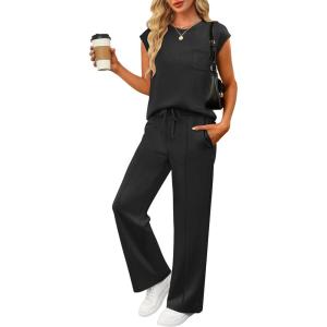 imageANRABESS Two Piece Sets for Women 2026 Summer Travel Vacation Outfits Sleeveless Lounge Set Matching Wide Leg Pants SweatsuitBlack