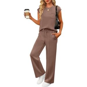 imageANRABESS Two Piece Sets for Women 2026 Summer Travel Vacation Outfits Sleeveless Lounge Set Matching Wide Leg Pants SweatsuitBrown