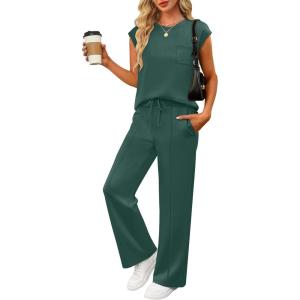 imageANRABESS Two Piece Sets for Women 2026 Summer Travel Vacation Outfits Sleeveless Lounge Set Matching Wide Leg Pants SweatsuitDeep Green