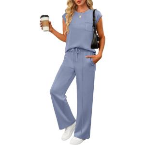 imageANRABESS Two Piece Sets for Women 2026 Summer Travel Vacation Outfits Sleeveless Lounge Set Matching Wide Leg Pants SweatsuitGray Blue