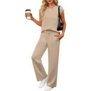 imageANRABESS Two Piece Sets for Women 2026 Summer Travel Vacation Outfits Sleeveless Lounge Set Matching Wide Leg Pants SweatsuitKhaki