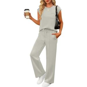 imageANRABESS Two Piece Sets for Women 2026 Summer Travel Vacation Outfits Sleeveless Lounge Set Matching Wide Leg Pants SweatsuitLight Khaki