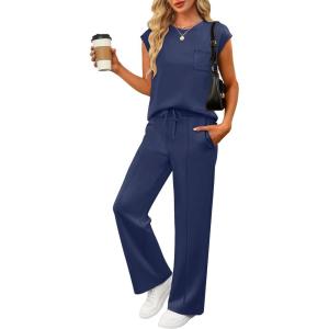 imageANRABESS Two Piece Sets for Women 2026 Summer Travel Vacation Outfits Sleeveless Lounge Set Matching Wide Leg Pants SweatsuitNavy Blue