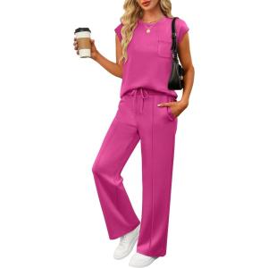 imageANRABESS Two Piece Sets for Women 2026 Summer Travel Vacation Outfits Sleeveless Lounge Set Matching Wide Leg Pants SweatsuitRose