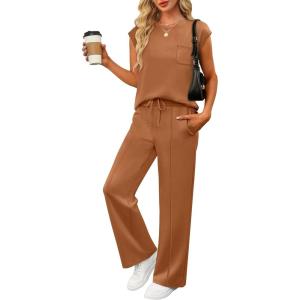 imageANRABESS Two Piece Sets for Women 2026 Summer Travel Vacation Outfits Sleeveless Lounge Set Matching Wide Leg Pants SweatsuitRust