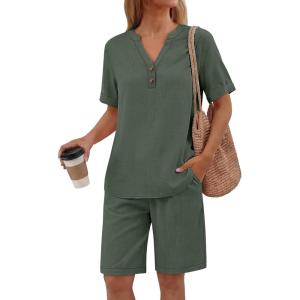 imageANRABESS Women 2 Piece Linen Lounge Sets Summer Casual Henley Shirts Short Pajama Set Beach Vacation Clothes Airport OutfitsArmy Green