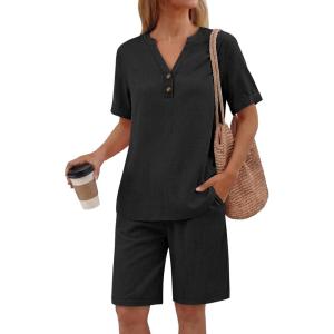 imageANRABESS Women 2 Piece Linen Lounge Sets Summer Casual Henley Shirts Short Pajama Set Beach Vacation Clothes Airport OutfitsBlack