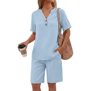 imageANRABESS Women 2 Piece Linen Lounge Sets Summer Casual Henley Shirts Short Pajama Set Beach Vacation Clothes Airport OutfitsBlue