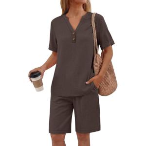 imageANRABESS Women 2 Piece Linen Lounge Sets Summer Casual Henley Shirts Short Pajama Set Beach Vacation Clothes Airport OutfitsBrown