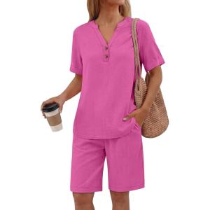 imageANRABESS Women 2 Piece Linen Lounge Sets Summer Casual Henley Shirts Short Pajama Set Beach Vacation Clothes Airport OutfitsHot Pink