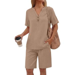 imageANRABESS Women 2 Piece Linen Lounge Sets Summer Casual Henley Shirts Short Pajama Set Beach Vacation Clothes Airport OutfitsKhaki