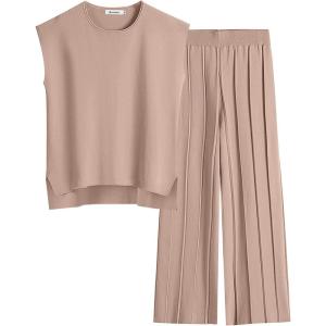imageANRABESS Women 2 Piece Lounge Sets Summer Casual Knit Sweater Vest Pant Set Beach Vacation Clothes 2026 Airport OutfitsKhaki