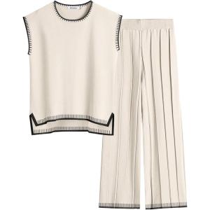 imageANRABESS Women 2 Piece Lounge Sets Summer Casual Knit Sweater Vest Pant Set Beach Vacation Clothes 2026 Airport OutfitsKhakiblack