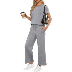 imageANRABESS Women 2 Piece Lounge Sets Summer Travel Sweat Outfits Short Sleeve Wide Leg Casual Matching Tracksuits ClothesGrey