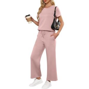 imageANRABESS Women 2 Piece Lounge Sets Summer Travel Sweat Outfits Short Sleeve Wide Leg Casual Matching Tracksuits ClothesLight Pink