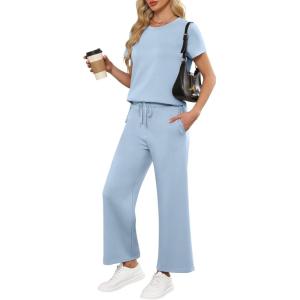 imageANRABESS Women 2 Piece Lounge Sets Summer Travel Sweat Outfits Short Sleeve Wide Leg Casual Matching Tracksuits ClothesSky Blue