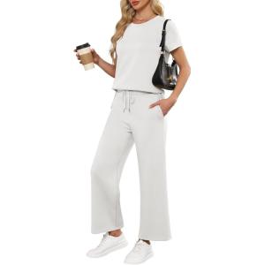 imageANRABESS Women 2 Piece Lounge Sets Summer Travel Sweat Outfits Short Sleeve Wide Leg Casual Matching Tracksuits ClothesWhite