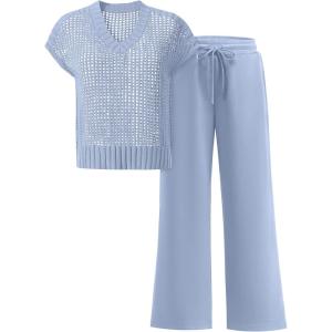 imageANRABESS Women 2 Piece Outfits Summer Lounge Sets Crochet Knit Sweater Vest Wide Leg Pants Casual Beach Vacation ClothesDusty Blue
