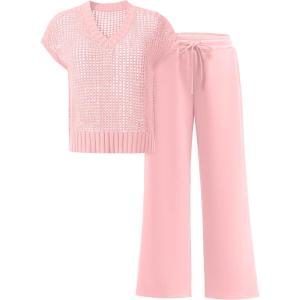 imageANRABESS Women 2 Piece Outfits Summer Lounge Sets Crochet Knit Sweater Vest Wide Leg Pants Casual Beach Vacation ClothesPink