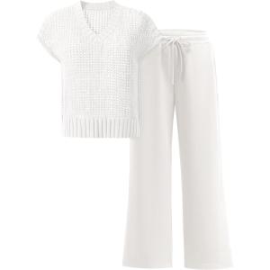 imageANRABESS Women 2 Piece Outfits Summer Lounge Sets Crochet Knit Sweater Vest Wide Leg Pants Casual Beach Vacation ClothesWhite