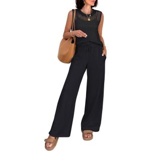 imageANRABESS Women 2 Piece Summer Outfits 2026 Crochet Sweater Vest Wide Leg Pants Lounge Matching Sets Travel Vacation ClothesBlack