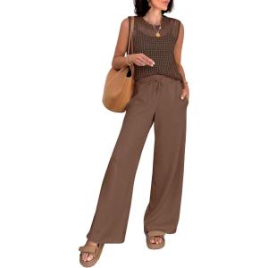 imageANRABESS Women 2 Piece Summer Outfits 2026 Crochet Sweater Vest Wide Leg Pants Lounge Matching Sets Travel Vacation ClothesBrown