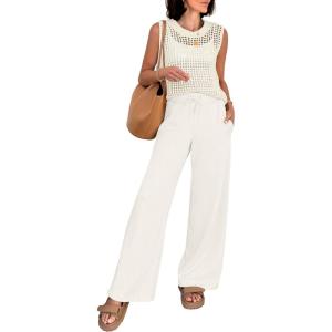 imageANRABESS Women 2 Piece Summer Outfits 2026 Crochet Sweater Vest Wide Leg Pants Lounge Matching Sets Travel Vacation ClothesCreamy White