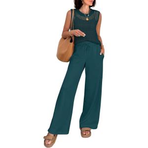 imageANRABESS Women 2 Piece Summer Outfits 2026 Crochet Sweater Vest Wide Leg Pants Lounge Matching Sets Travel Vacation ClothesDark Teal