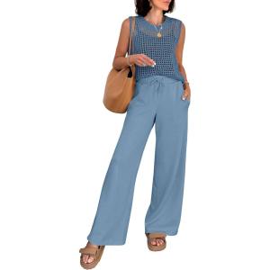 imageANRABESS Women 2 Piece Summer Outfits 2026 Crochet Sweater Vest Wide Leg Pants Lounge Matching Sets Travel Vacation ClothesDusty Blue