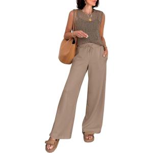 imageANRABESS Women 2 Piece Summer Outfits 2026 Crochet Sweater Vest Wide Leg Pants Lounge Matching Sets Travel Vacation ClothesLight Brown