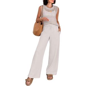 imageANRABESS Women 2 Piece Summer Outfits 2026 Crochet Sweater Vest Wide Leg Pants Lounge Matching Sets Travel Vacation ClothesLight Khaki