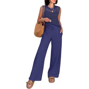 imageANRABESS Women 2 Piece Summer Outfits 2026 Crochet Sweater Vest Wide Leg Pants Lounge Matching Sets Travel Vacation ClothesNavy Blue