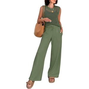 imageANRABESS Women 2 Piece Summer Outfits 2026 Crochet Sweater Vest Wide Leg Pants Lounge Matching Sets Travel Vacation ClothesOlive Green