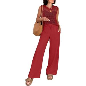 imageANRABESS Women 2 Piece Summer Outfits 2026 Crochet Sweater Vest Wide Leg Pants Lounge Matching Sets Travel Vacation ClothesRed