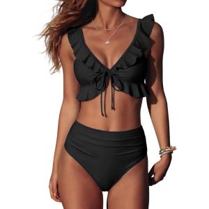 imageANRABESS Women High Waisted Bikini Sets Two Piece Ruffled Self Tie Swimsuit Ruched Bathing Suit 2026 Summer Beach SwimwearBlack