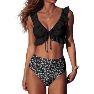 imageANRABESS Women High Waisted Bikini Sets Two Piece Ruffled Self Tie Swimsuit Ruched Bathing Suit 2026 Summer Beach SwimwearBlack White Floral