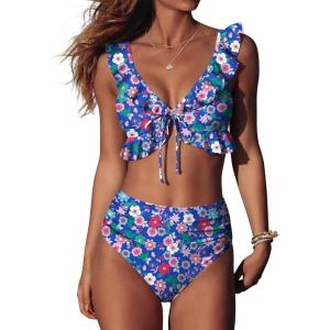 imageANRABESS Women High Waisted Bikini Sets Two Piece Ruffled Self Tie Swimsuit Ruched Bathing Suit 2026 Summer Beach SwimwearBlue Pink Floral