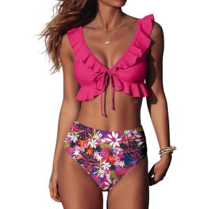 imageANRABESS Women High Waisted Bikini Sets Two Piece Ruffled Self Tie Swimsuit Ruched Bathing Suit 2026 Summer Beach SwimwearHot Pink Floral