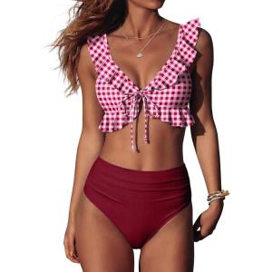 imageANRABESS Women High Waisted Bikini Sets Two Piece Ruffled Self Tie Swimsuit Ruched Bathing Suit 2026 Summer Beach SwimwearRed White Plaid