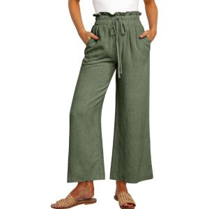 imageANRABESS Women Linen Pants Casual Loose High Waist Boho Wide Leg Cropped Palazzo Beach Pants Summer Outfits 2026 TrendyArmy Green