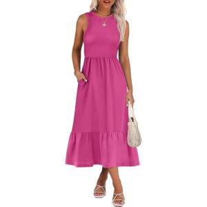 imageANRABESS Women Midi Dresses 2026 Summer Casual Sleeveless Sundress High Neck Tank Top Racerback Flowy Beach Dress  PocketsHot Pink