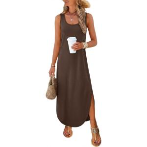 imageANRABESS Women Summer Casual Sleeveless Square Neck Beach Maxi Dress 2026 Trendy Loose Fit Split Tank Shirt Vacation SundressBrown