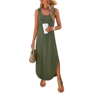 imageANRABESS Women Summer Casual Sleeveless Square Neck Beach Maxi Dress 2026 Trendy Loose Fit Split Tank Shirt Vacation SundressOlive