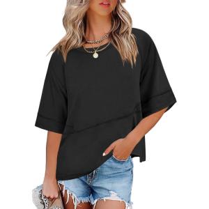 imageANRABESS Women TShirts 2026 Fashion Half Sleeve Loose Fit Top Trendy Cute Flowy Tee Shirts Summer Casual OutfitsBlack