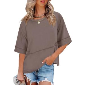 imageANRABESS Women TShirts 2026 Fashion Half Sleeve Loose Fit Top Trendy Cute Flowy Tee Shirts Summer Casual OutfitsBrown