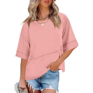 imageANRABESS Women TShirts 2026 Fashion Half Sleeve Loose Fit Top Trendy Cute Flowy Tee Shirts Summer Casual OutfitsCoral Pink