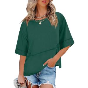imageANRABESS Women TShirts 2026 Fashion Half Sleeve Loose Fit Top Trendy Cute Flowy Tee Shirts Summer Casual OutfitsDark Green