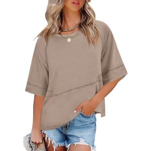 imageANRABESS Women TShirts 2026 Fashion Half Sleeve Loose Fit Top Trendy Cute Flowy Tee Shirts Summer Casual OutfitsKhaki