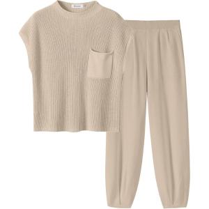 imageANRABESS Women Two Piece Outfits Summer Sweater Vest Crop Top Pants Lounge Matching Set Travel Airport Beach Vacation ClothesKhaki